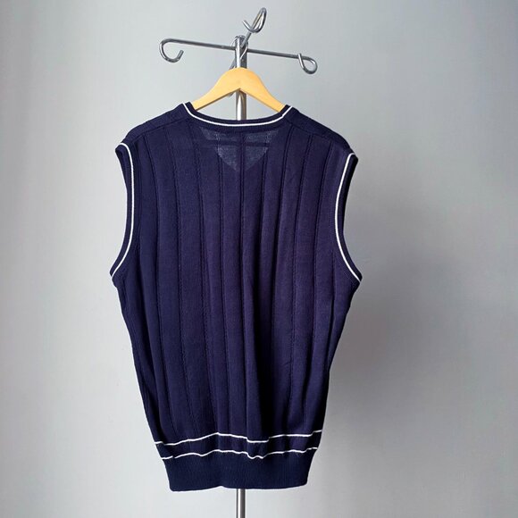 🍂 90s Vintage Navy & Blue White Preppy Knit  V-Neck Sweater Vest - Picture 4 of 6